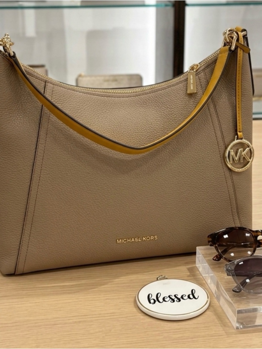 2x$80- Michael Kors Taupe Leather Shoulder Bag with yellow and Gold Accents